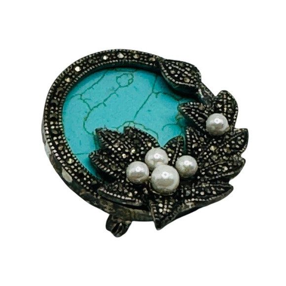 Vtg925 Sterling Turquoise Marcasite Flower Pearl Pin/Brooch 1.25"x1.25" 11.37 Gr - Picture 6 of 7